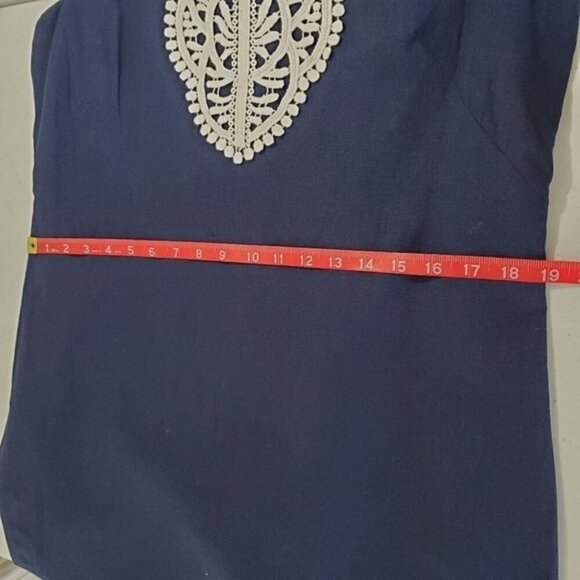 Eliza J Linen Blend Sheath Dress Size 14 Embroidered Neckline Pompom Trim Hem - Picture 9 of 12